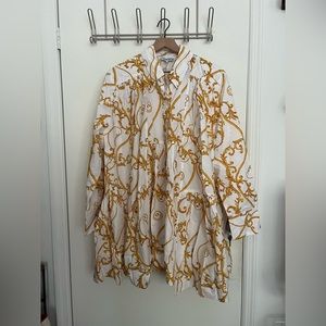 Ganni Printed Cotton Poplin Gathered Panel Wide Mini Shirt Dress Rope Print